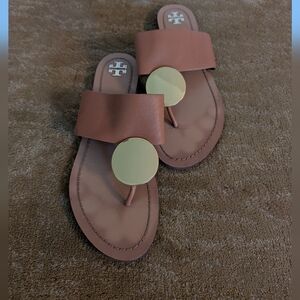 Tory Burch Platos Gold Disc Brown All Leather Sandals 9M